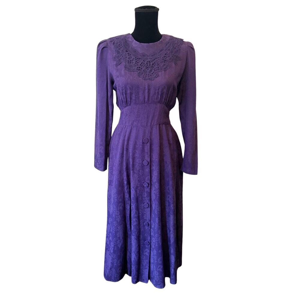 VTG Karin Stevens Victorian Whimsygoth Purple Button Lace Maxi Dress 6 Prairie
